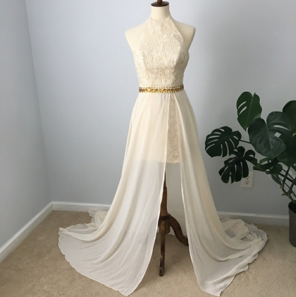 NWT” Formal Gown, Prom Birthday Cream Hi- low Halter Dress Size XS (2)